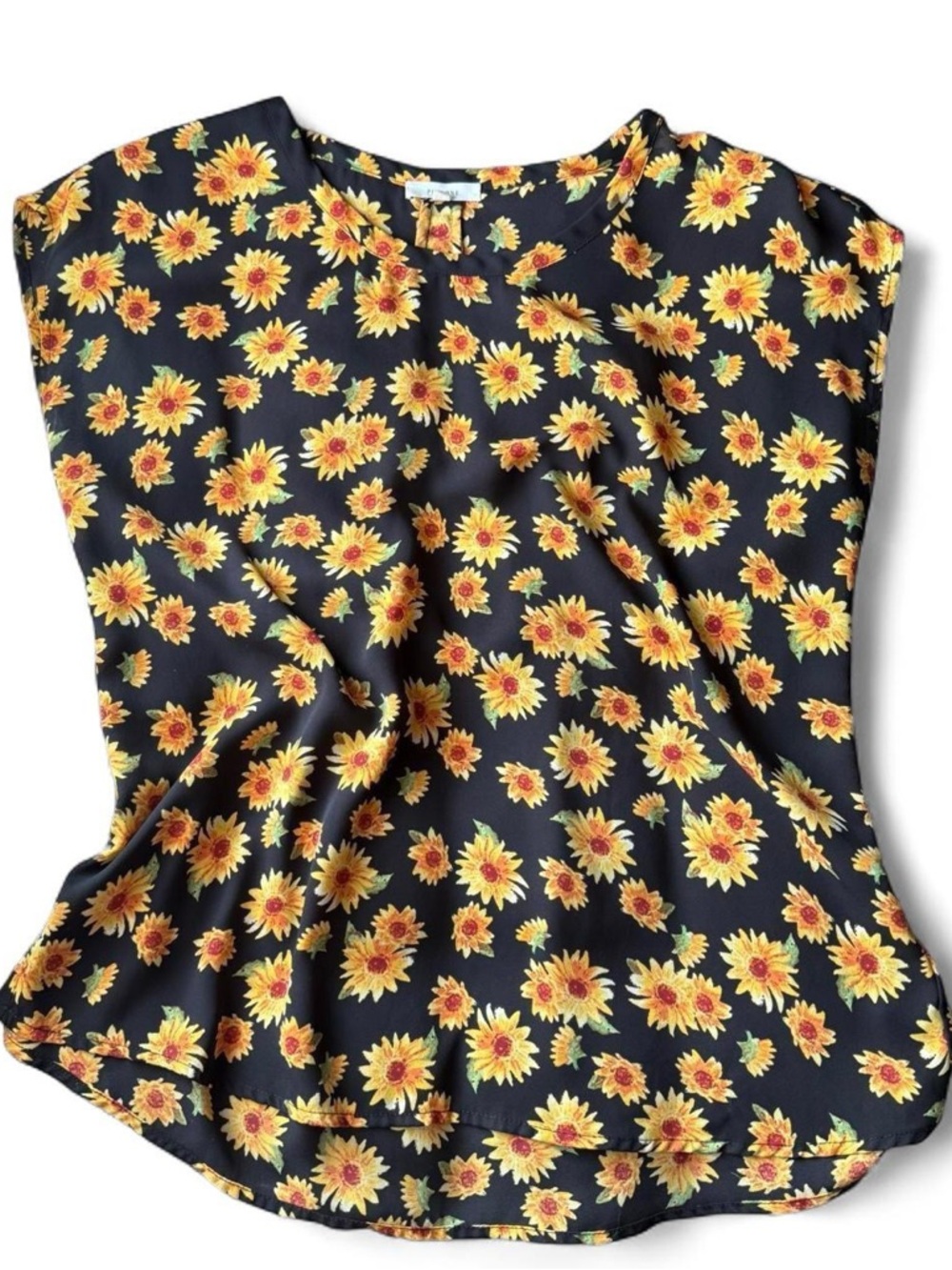 Black and Yellow Sunflower Print Flowy Cap Sleeve Top Size Small